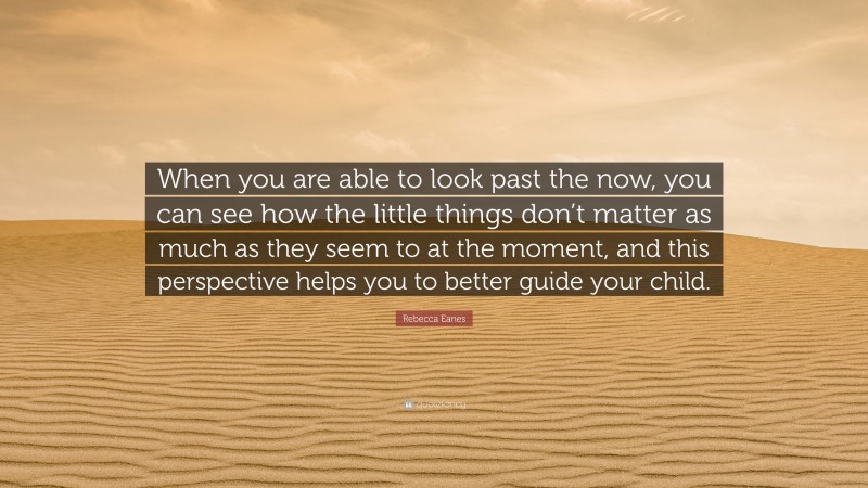 Rebecca Eanes Quote: “When you are able to look past the now, you can see how the little things don’t matter as much as they seem to at the moment, and this perspective helps you to better guide your child.”