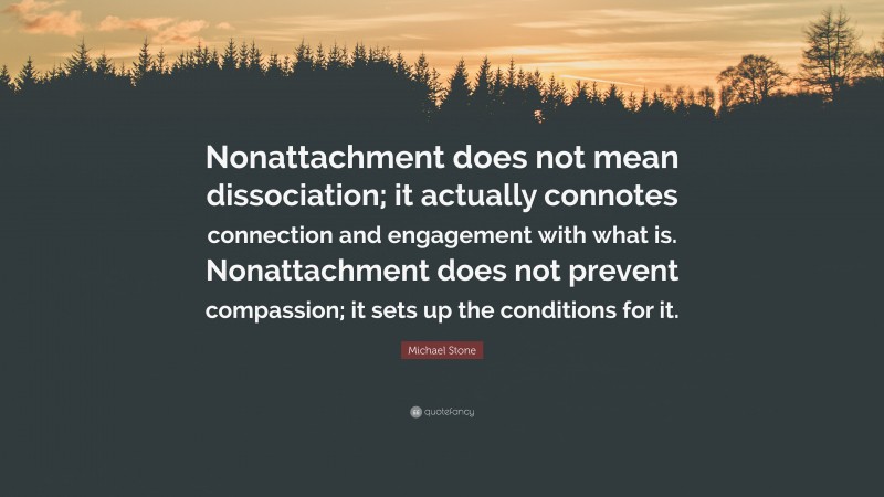 Michael Stone Quote: “Nonattachment does not mean dissociation; it actually connotes connection and engagement with what is. Nonattachment does not prevent compassion; it sets up the conditions for it.”