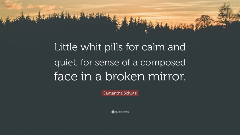 Samantha Schutz Quote: “Little whit pills for calm and quiet, for sense of a composed face in a broken mirror.”