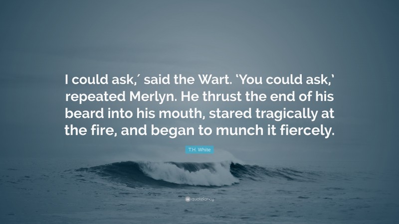 T.H. White Quote: “I could ask,′ said the Wart. ‘You could ask,’ repeated Merlyn. He thrust the end of his beard into his mouth, stared tragically at the fire, and began to munch it fiercely.”