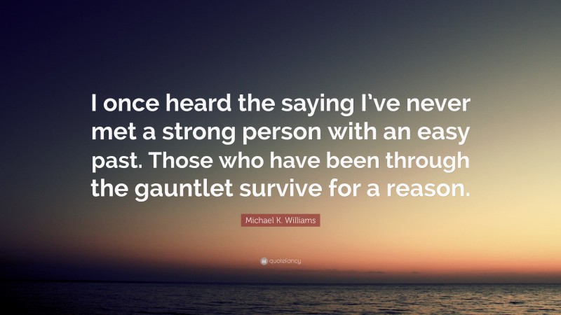 Michael K. Williams Quote: “I once heard the saying I’ve never met a strong person with an easy past. Those who have been through the gauntlet survive for a reason.”