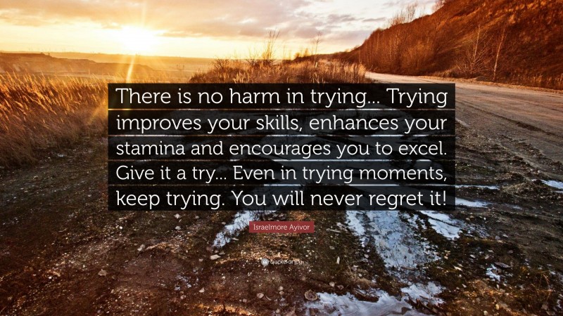 Israelmore Ayivor Quote: “There is no harm in trying... Trying improves your skills, enhances your stamina and encourages you to excel. Give it a try... Even in trying moments, keep trying. You will never regret it!”