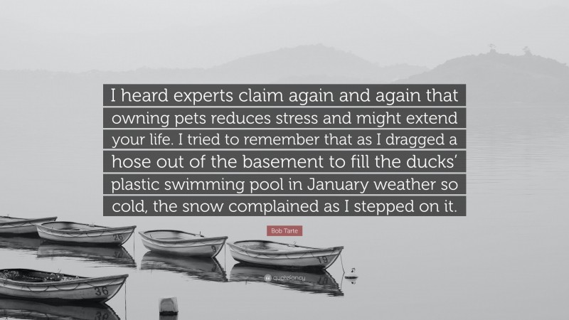 Bob Tarte Quote: “I heard experts claim again and again that owning pets reduces stress and might extend your life. I tried to remember that as I dragged a hose out of the basement to fill the ducks’ plastic swimming pool in January weather so cold, the snow complained as I stepped on it.”