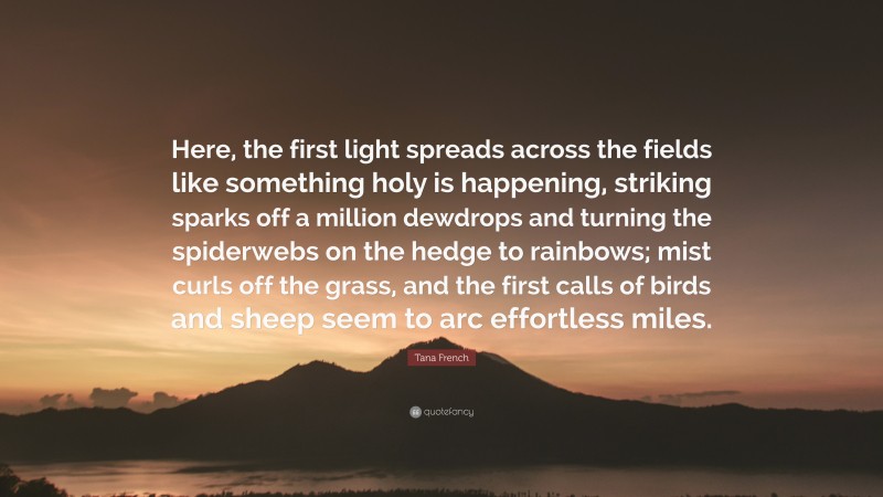 Tana French Quote: “Here, the first light spreads across the fields like something holy is happening, striking sparks off a million dewdrops and turning the spiderwebs on the hedge to rainbows; mist curls off the grass, and the first calls of birds and sheep seem to arc effortless miles.”