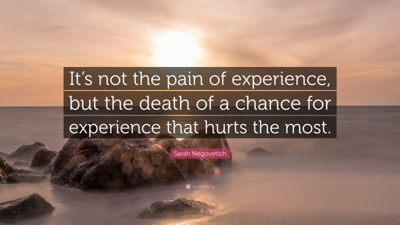 Sarah Negovetich Quote: “It’s not the pain of experience, but the death of a chance for experience that hurts the most.”