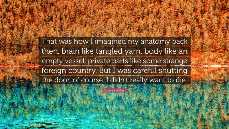 Ottessa Moshfegh Quote: “That was how I imagined my anatomy back then, brain like tangled yarn, body like an empty vessel, private parts like some strange foreign country. But I was careful shutting the door, of course. I didn’t really want to die.”
