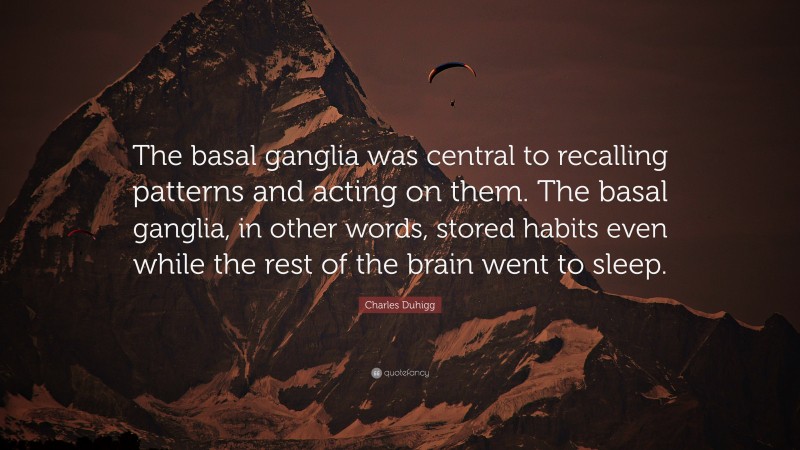 Charles Duhigg Quote: “The basal ganglia was central to recalling patterns and acting on them. The basal ganglia, in other words, stored habits even while the rest of the brain went to sleep.”