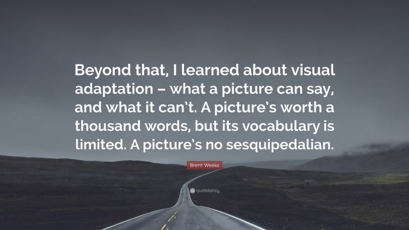 Brent Weeks Quote: “Beyond that, I learned about visual adaptation – what a picture can say, and what it can’t. A picture’s worth a thousand words, but its vocabulary is limited. A picture’s no sesquipedalian.”