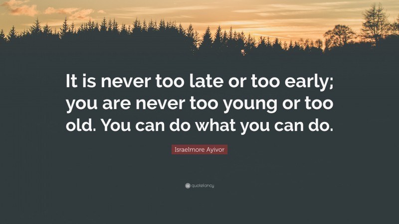 Israelmore Ayivor Quote: “It is never too late or too early; you are never too young or too old. You can do what you can do.”