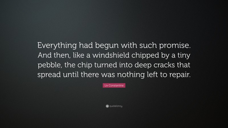 Liv Constantine Quote: “Everything had begun with such promise. And then, like a windshield chipped by a tiny pebble, the chip turned into deep cracks that spread until there was nothing left to repair.”