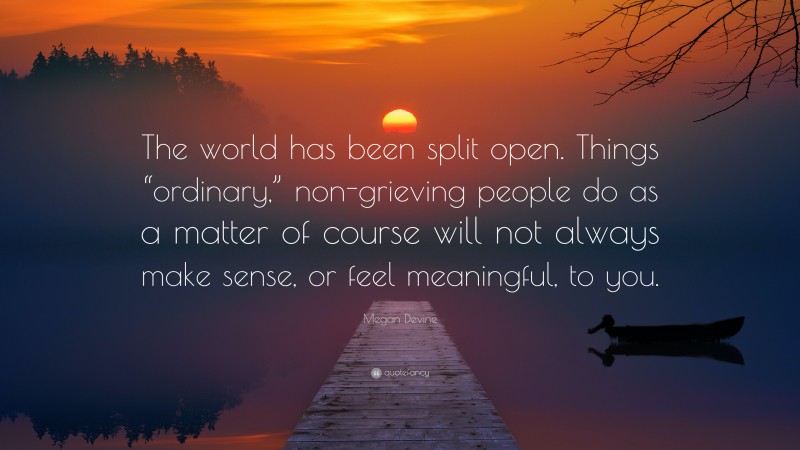 Megan Devine Quote: “The world has been split open. Things “ordinary,” non-grieving people do as a matter of course will not always make sense, or feel meaningful, to you.”