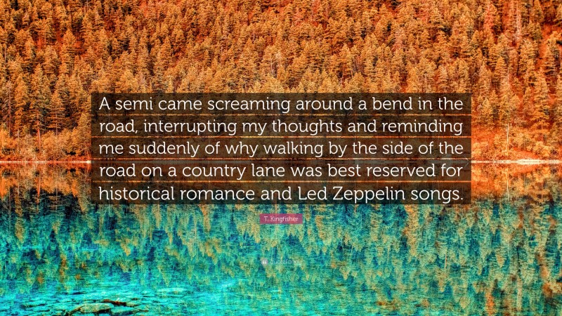 T. Kingfisher Quote: “A semi came screaming around a bend in the road, interrupting my thoughts and reminding me suddenly of why walking by the side of the road on a country lane was best reserved for historical romance and Led Zeppelin songs.”