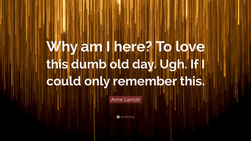 Anne Lamott Quote: “Why am I here? To love this dumb old day. Ugh. If I could only remember this.”