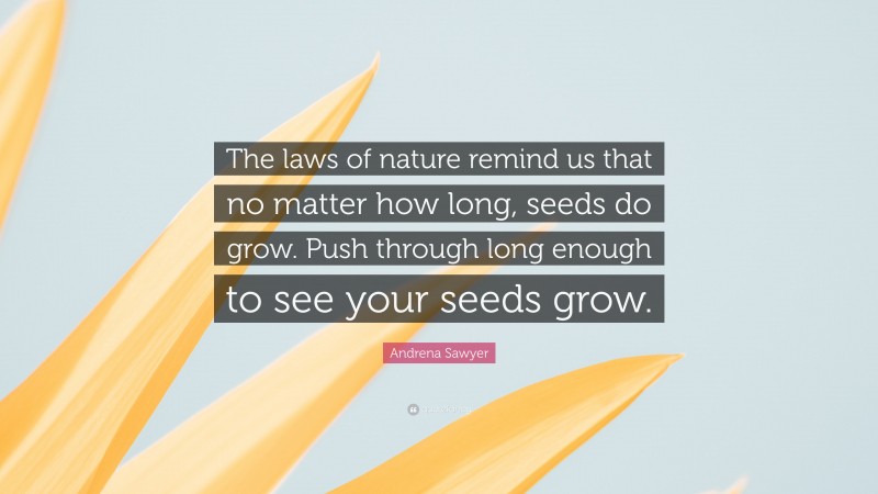 Andrena Sawyer Quote: “The laws of nature remind us that no matter how long, seeds do grow. Push through long enough to see your seeds grow.”