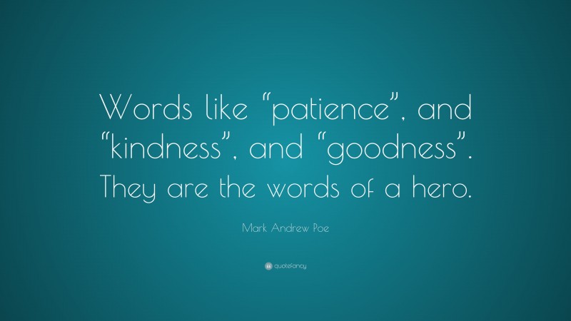 Mark Andrew Poe Quote: “Words like “patience”, and “kindness”, and “goodness”. They are the words of a hero.”