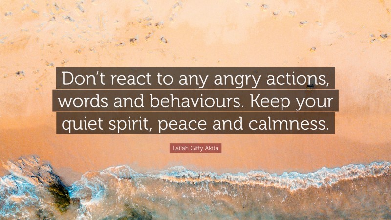 Lailah Gifty Akita Quote: “Don’t react to any angry actions, words and behaviours. Keep your quiet spirit, peace and calmness.”