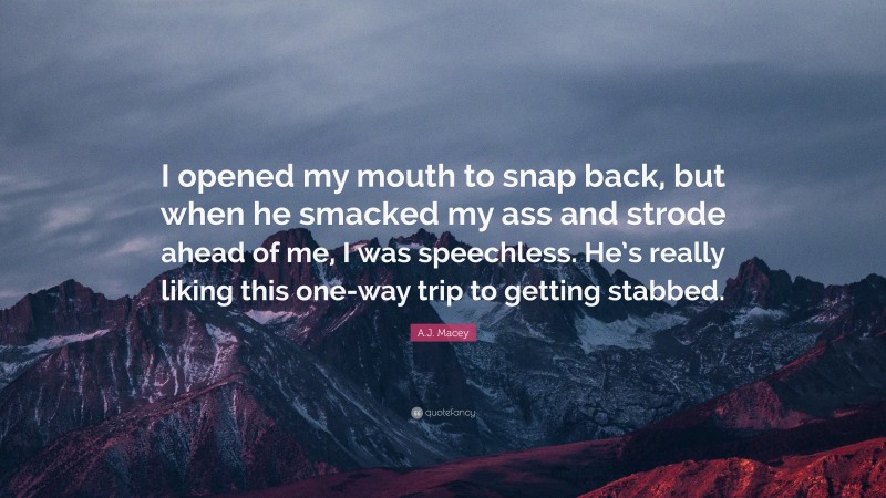 A.J. Macey Quote: “I opened my mouth to snap back, but when he smacked my ass and strode ahead of me, I was speechless. He’s really liking this one-way trip to getting stabbed.”