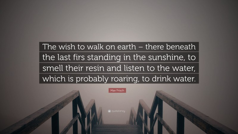 Max Frisch Quote: “The wish to walk on earth – there beneath the last firs standing in the sunshine, to smell their resin and listen to the water, which is probably roaring, to drink water.”