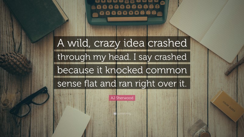 AJ Sherwood Quote: “A wild, crazy idea crashed through my head. I say crashed because it knocked common sense flat and ran right over it.”