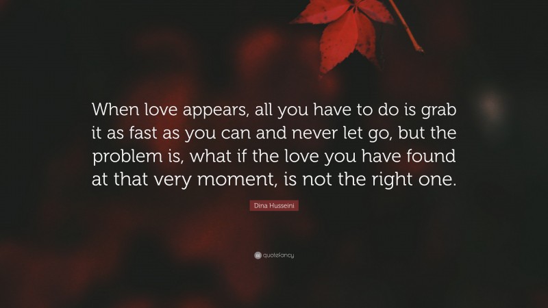 Dina Husseini Quote: “When love appears, all you have to do is grab it as fast as you can and never let go, but the problem is, what if the love you have found at that very moment, is not the right one.”
