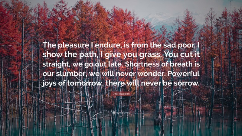 Dina Husseini Quote: “The pleasure I endure, is from the sad poor. I show the path, I give you grass. You cut it straight, we go out late. Shortness of breath is our slumber, we will never wonder. Powerful joys of tomorrow, there will never be sorrow.”