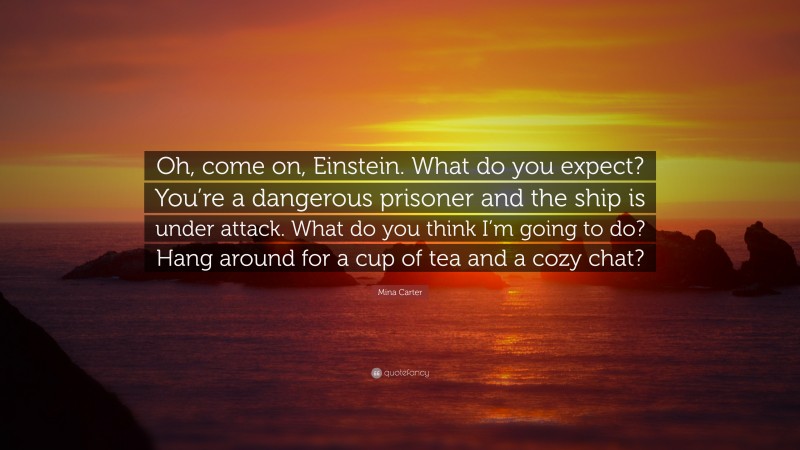 Mina Carter Quote: “Oh, come on, Einstein. What do you expect? You’re a dangerous prisoner and the ship is under attack. What do you think I’m going to do? Hang around for a cup of tea and a cozy chat?”