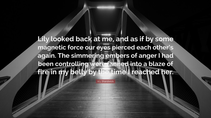 K.L. Shandwick Quote: “Lily looked back at me, and as if by some magnetic force our eyes pierced each other’s again. The simmering embers of anger I had been controlling were fanned into a blaze of fire in my belly by the time I reached her.”