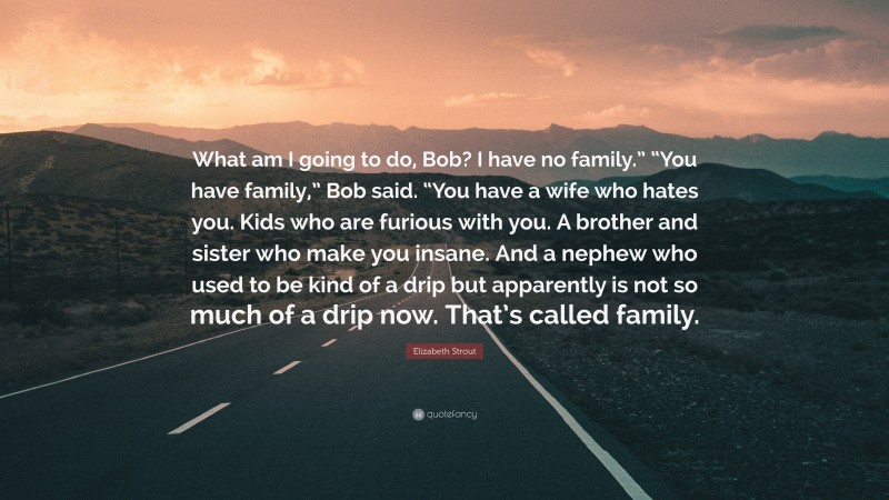 Elizabeth Strout Quote: “What am I going to do, Bob? I have no family.” “You have family,” Bob said. “You have a wife who hates you. Kids who are furious with you. A brother and sister who make you insane. And a nephew who used to be kind of a drip but apparently is not so much of a drip now. That’s called family.”