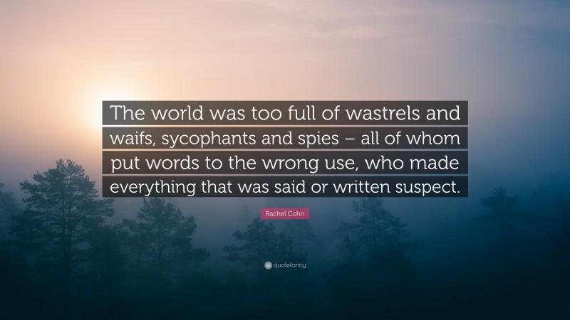 Rachel Cohn Quote: “The world was too full of wastrels and waifs, sycophants and spies – all of whom put words to the wrong use, who made everything that was said or written suspect.”