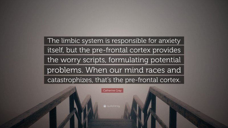 Catherine Gray Quote: “The limbic system is responsible for anxiety itself, but the pre-frontal cortex provides the worry scripts, formulating potential problems. When our mind races and catastrophizes, that’s the pre-frontal cortex.”
