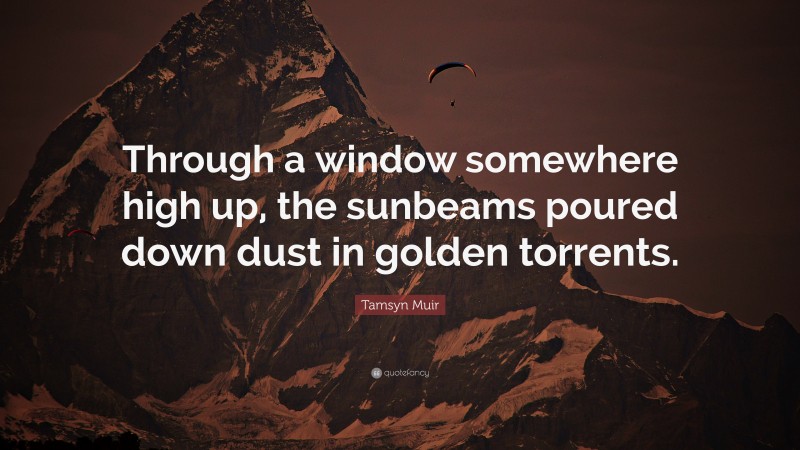 Tamsyn Muir Quote: “Through a window somewhere high up, the sunbeams poured down dust in golden torrents.”