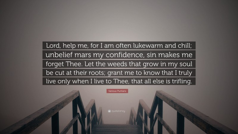Various Puritans Quote: “Lord, help me, for I am often lukewarm and chill; unbelief mars my confidence, sin makes me forget Thee. Let the weeds that grow in my soul be cut at their roots; grant me to know that I truly live only when I live to Thee, that all else is trifling.”