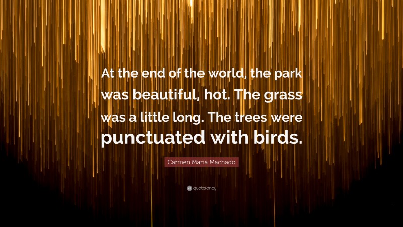 Carmen Maria Machado Quote: “At the end of the world, the park was beautiful, hot. The grass was a little long. The trees were punctuated with birds.”