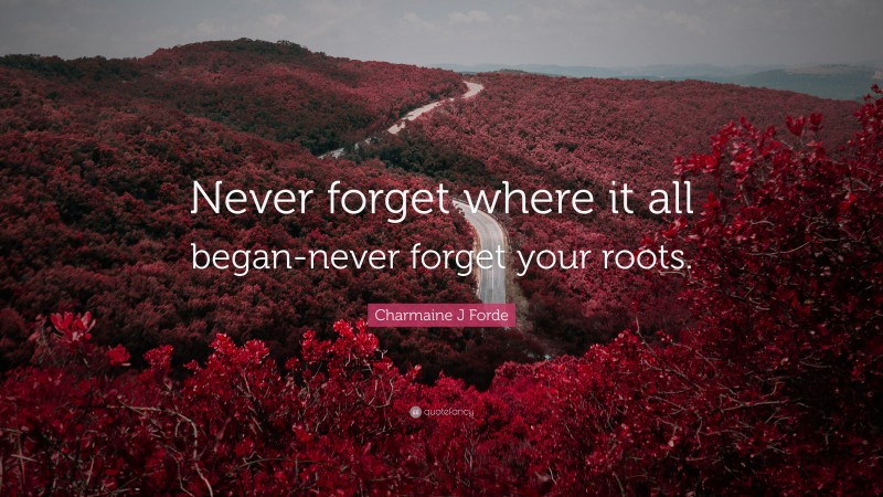Charmaine J Forde Quote: “Never forget where it all began-never forget your roots.”