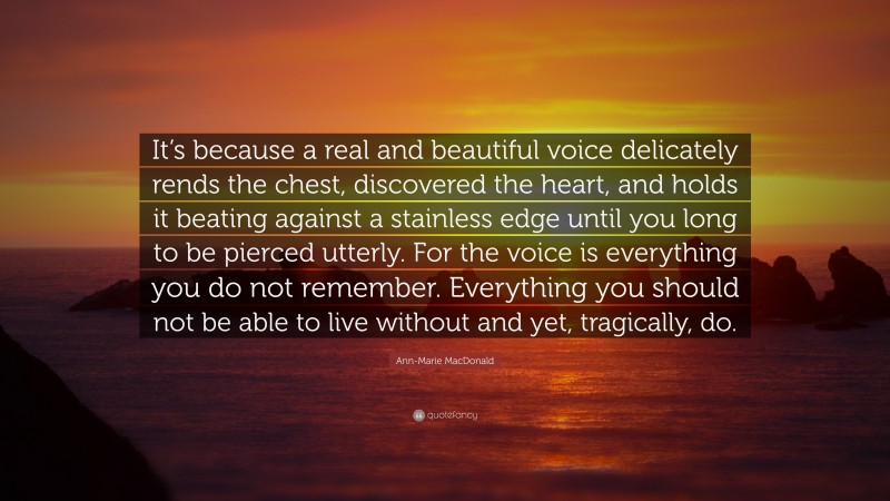 Ann-Marie MacDonald Quote: “It’s because a real and beautiful voice delicately rends the chest, discovered the heart, and holds it beating against a stainless edge until you long to be pierced utterly. For the voice is everything you do not remember. Everything you should not be able to live without and yet, tragically, do.”