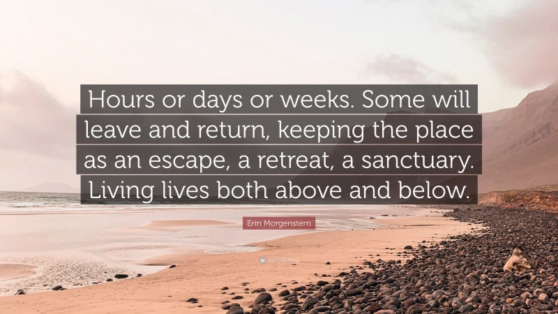 Erin Morgenstern Quote: “Hours or days or weeks. Some will leave and return, keeping the place as an escape, a retreat, a sanctuary. Living lives both above and below.”