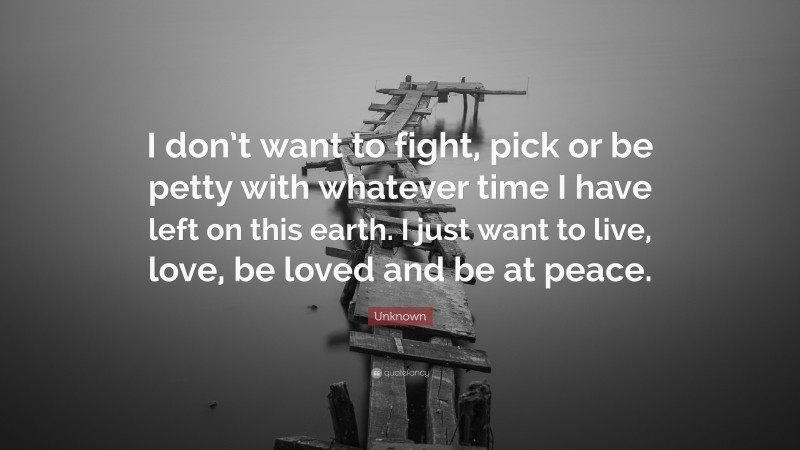 Unknown Quote: “I don’t want to fight, pick or be petty with whatever time I have left on this earth. I just want to live, love, be loved and be at peace.”