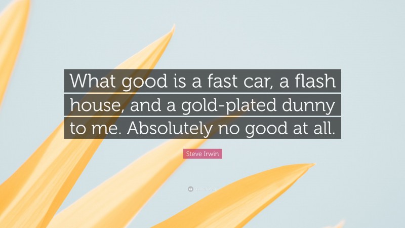 Steve Irwin Quote: “What good is a fast car, a flash house, and a gold-plated dunny to me. Absolutely no good at all.”