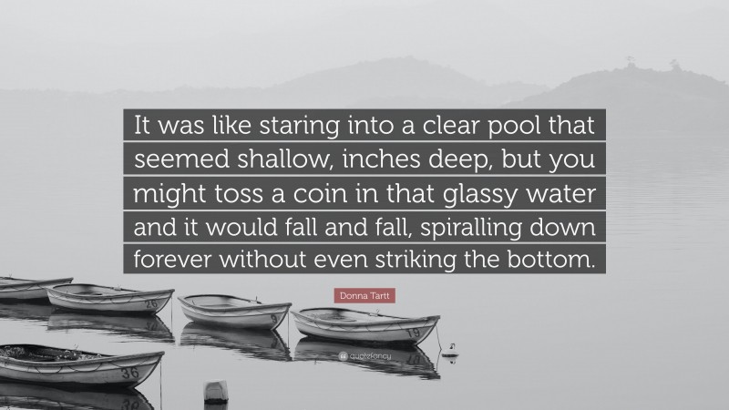 Donna Tartt Quote: “It was like staring into a clear pool that seemed shallow, inches deep, but you might toss a coin in that glassy water and it would fall and fall, spiralling down forever without even striking the bottom.”