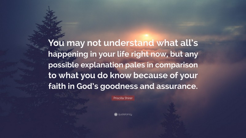 Priscilla Shirer Quote: “You may not understand what all’s happening in your life right now, but any possible explanation pales in comparison to what you do know because of your faith in God’s goodness and assurance.”