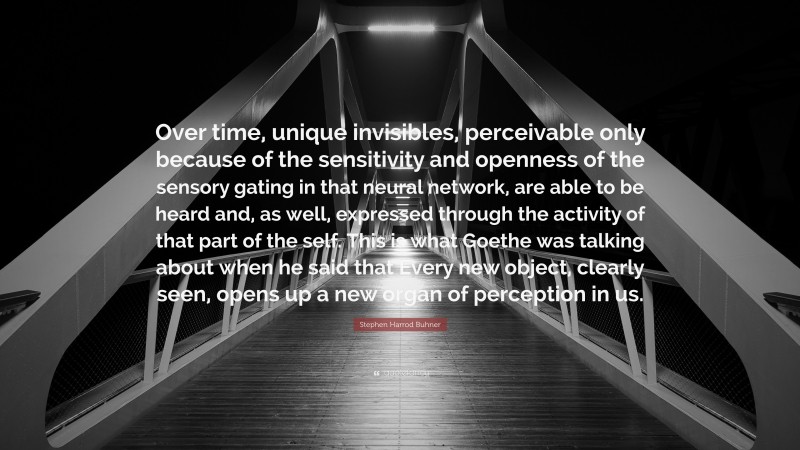 Stephen Harrod Buhner Quote: “Over time, unique invisibles, perceivable only because of the sensitivity and openness of the sensory gating in that neural network, are able to be heard and, as well, expressed through the activity of that part of the self. This is what Goethe was talking about when he said that Every new object, clearly seen, opens up a new organ of perception in us.”