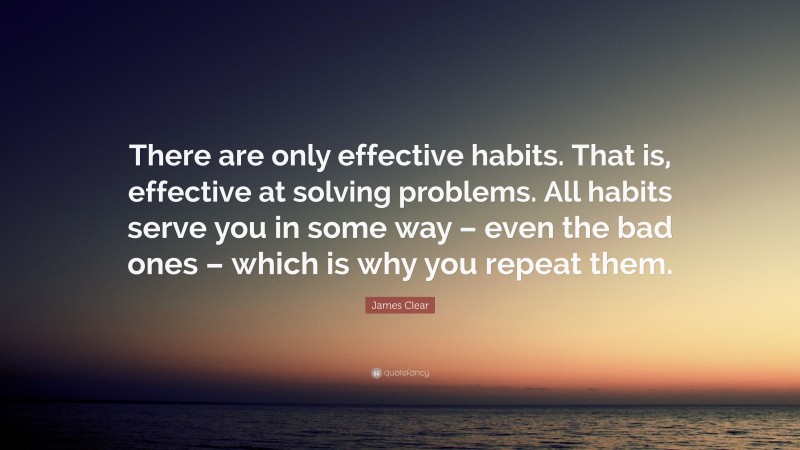 James Clear Quote: “There are only effective habits. That is, effective at solving problems. All habits serve you in some way – even the bad ones – which is why you repeat them.”