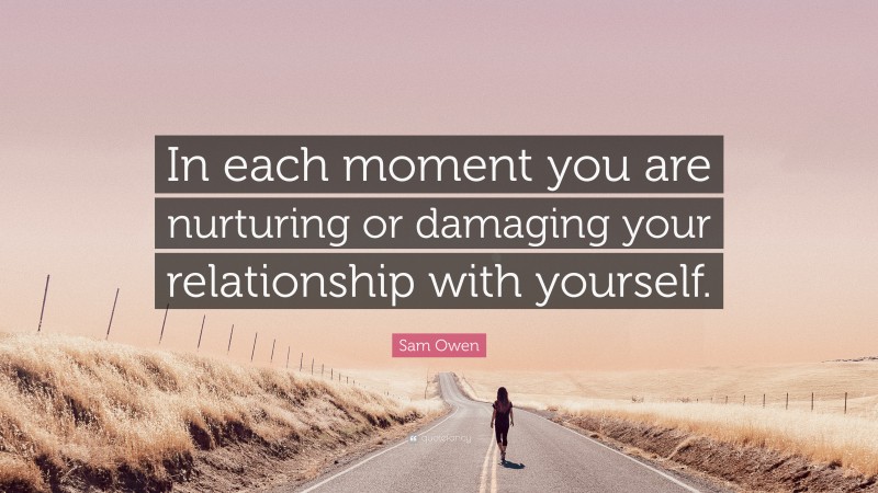 Sam Owen Quote: “In each moment you are nurturing or damaging your relationship with yourself.”