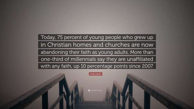 Greg Laurie Quote: “Today, 75 percent of young people who grew up in Christian homes and churches are now abandoning their faith as young adults. More than one-third of millennials say they are unaffiliated with any faith, up 10 percentage points since 2007.”