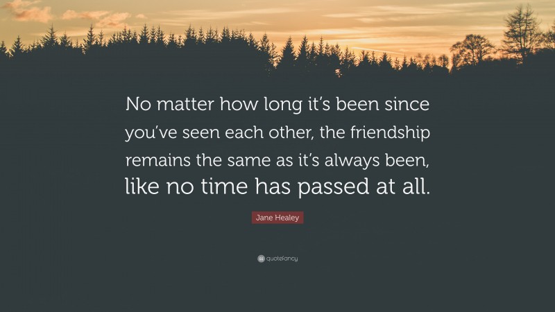 Jane Healey Quote: “No matter how long it’s been since you’ve seen each other, the friendship remains the same as it’s always been, like no time has passed at all.”