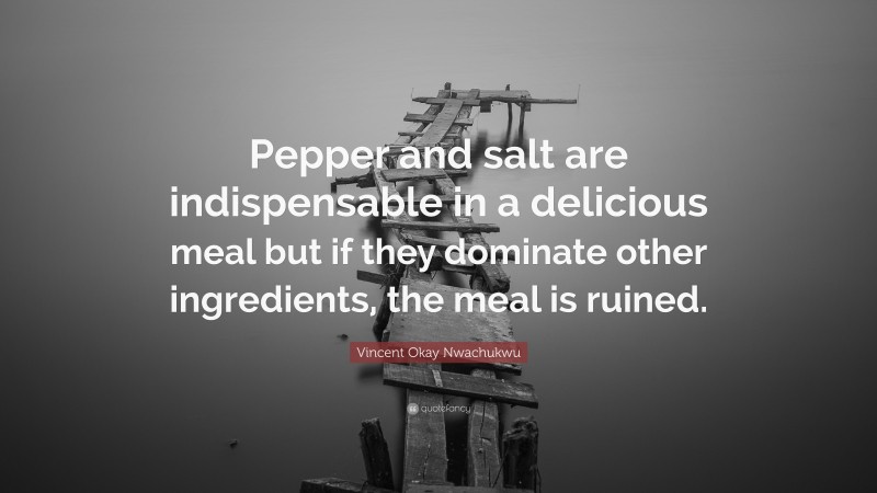 Vincent Okay Nwachukwu Quote: “Pepper and salt are indispensable in a delicious meal but if they dominate other ingredients, the meal is ruined.”