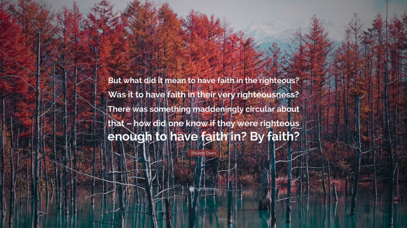 Shulem Deen Quote: “But what did it mean to have faith in the righteous? Was it to have faith in their very righteousness? There was something maddeningly circular about that – how did one know if they were righteous enough to have faith in? By faith?”