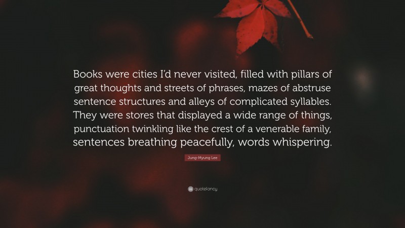 Jung-Myung Lee Quote: “Books were cities I’d never visited, filled with pillars of great thoughts and streets of phrases, mazes of abstruse sentence structures and alleys of complicated syllables. They were stores that displayed a wide range of things, punctuation twinkling like the crest of a venerable family, sentences breathing peacefully, words whispering.”