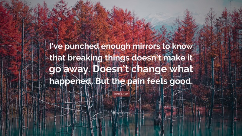 Keri Lake Quote: “I’ve punched enough mirrors to know that breaking things doesn’t make it go away. Doesn’t change what happened. But the pain feels good.”