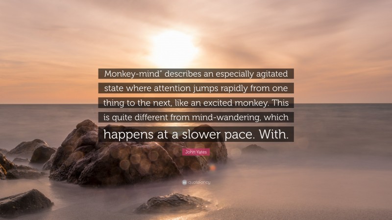 John Yates Quote: “Monkey-mind” describes an especially agitated state where attention jumps rapidly from one thing to the next, like an excited monkey. This is quite different from mind-wandering, which happens at a slower pace. With.”